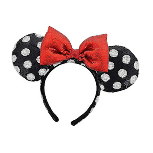 Disney Parks Minnie Mouse Sequined Black White Polka Dot Red Bow Ears Headband 